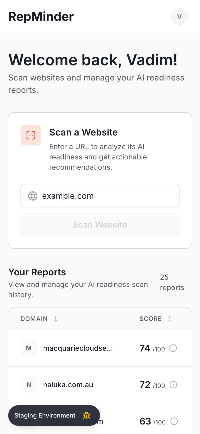 RepMinder mobile dashboard showing website scan input and AI readiness reports list with scores and grades